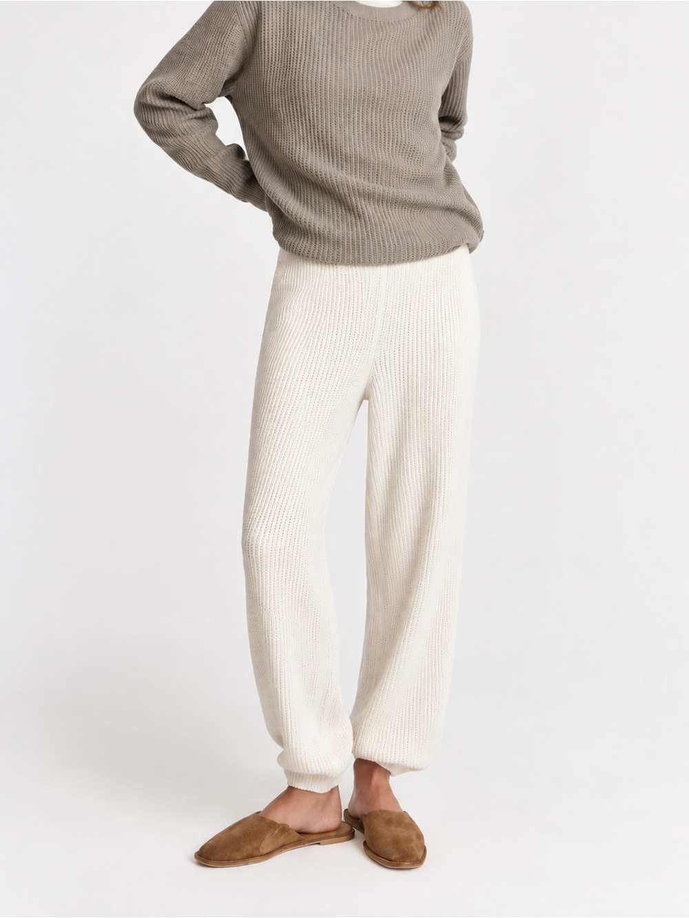 MATE Organic Cotton Waffle Knit Jogger Pants Cream Sz Medium Minimalist Coastal
